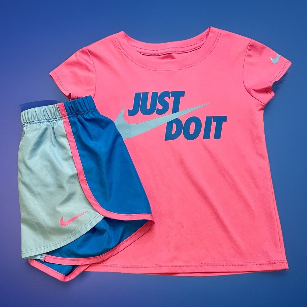 Nike PINK Girls Shirt & Short Set Size 4 5 Blue Just Do It Summer Outfit Dri-Fit